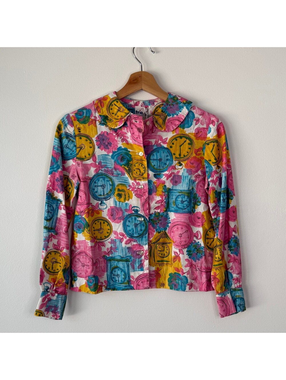 Vintage Trio Sportswear Colorful Novelty Pop Art Long Sleeve Button Down Shirt
